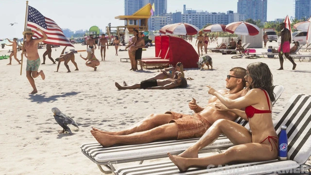 Screenshot of Jason and Lucia at the beach from GTA 6.
