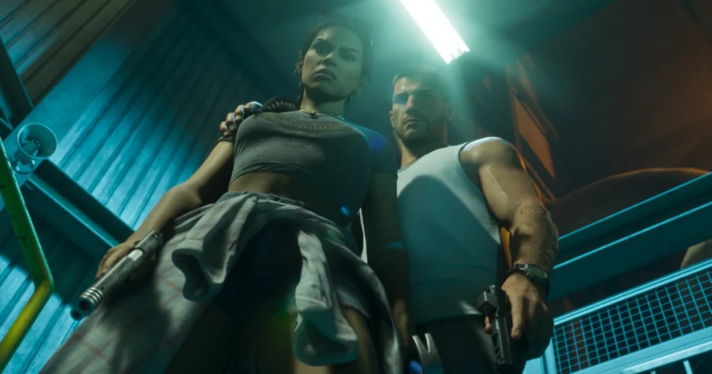 A shot of Jason and Lucia from GTA 6 with pistols in hand.