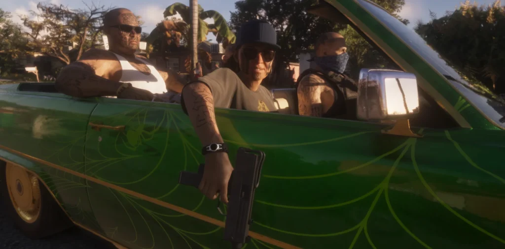 A customized green car carrying several occupants in the GTA 6 launch trailer.