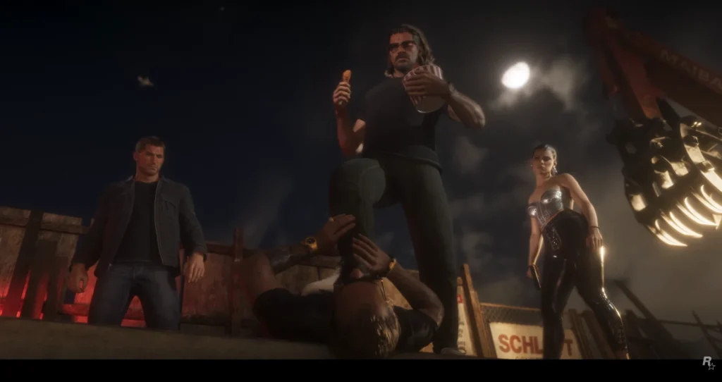 A screenshot from GTA 6 launch trailer with both Jason and Lucia visible in it.