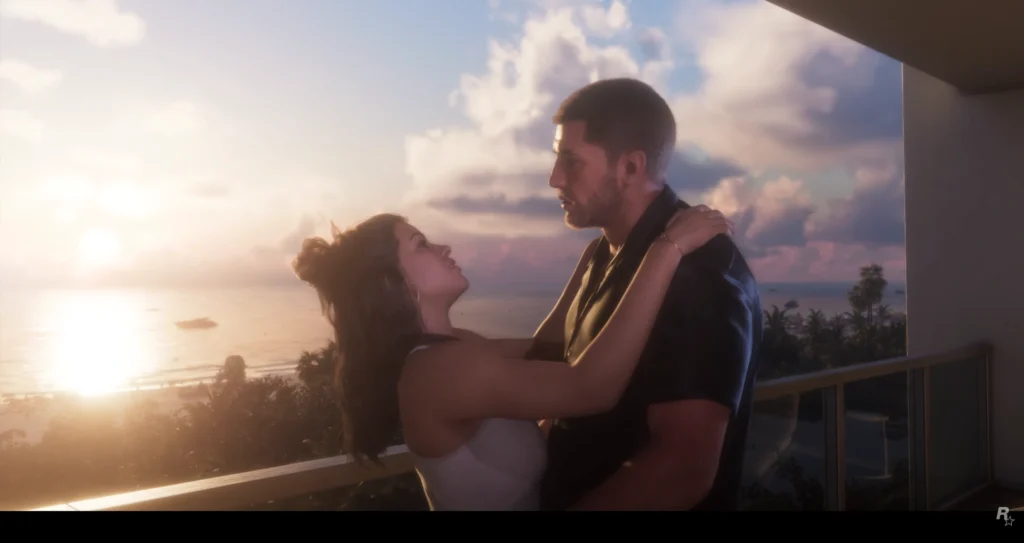 GTA 6 Launch Trailer Screenshot Showing The Relationship Of Jason And Lucia.