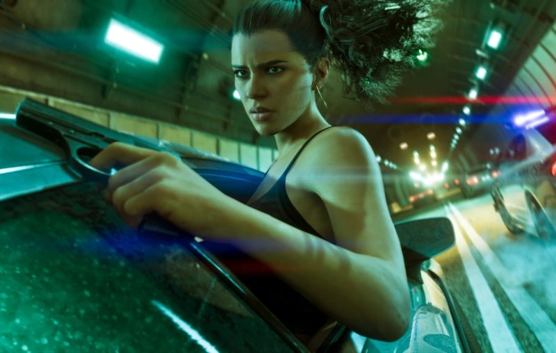 Lucia's visual from a moving car with a gun in hand in GTA 6.