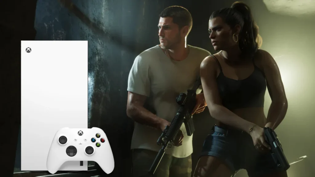 Jason and Lucia holding guns in hand in one of the GTA 6 screenshots.