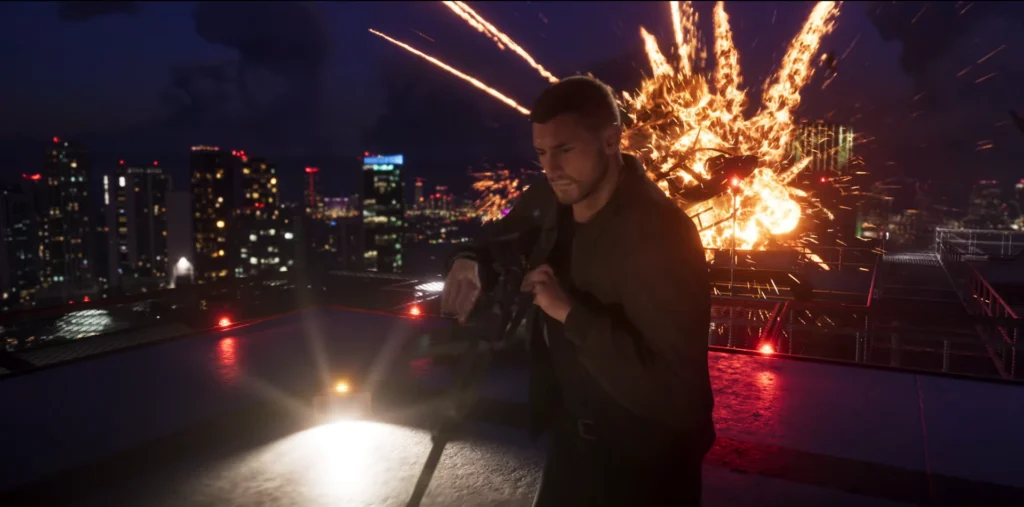 An explosion erupts behind Jason, standing on a rooftop overlooking the city