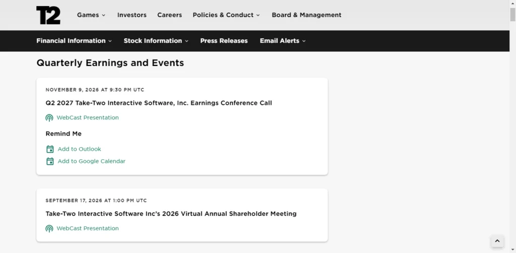 Take-Two Eanings Call Q2 Fiscal 2027 Screenshot